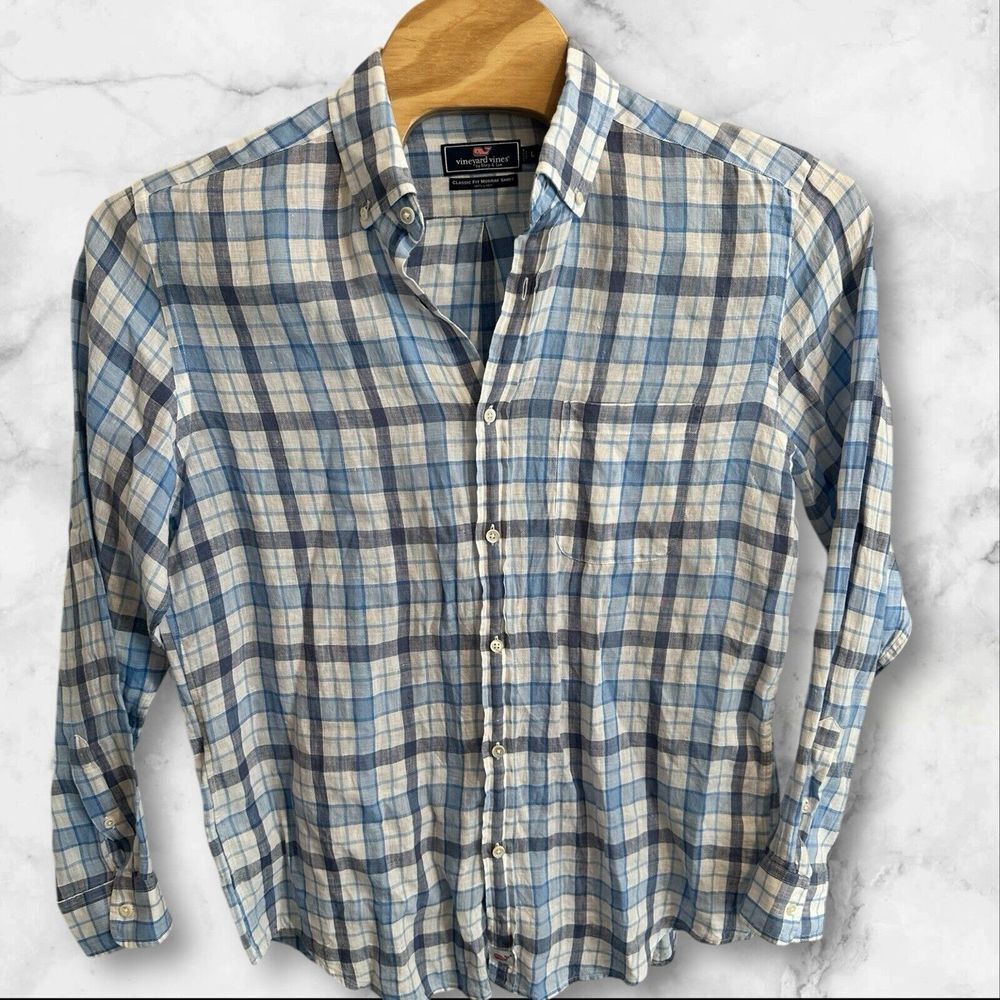VINEYARD VINES LINEN CLASSIC FIT MURRAY Linen Mens Large Button Up Shirt Plaid